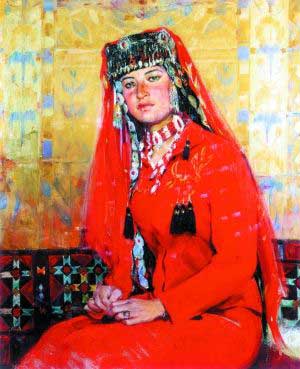 全山石《盛装的塔吉克姑娘阿依古丽》　　新彊写生让全山石继从列宾美术学院毕业归国以来再次找到了鲜艳的色彩和明亮耀眼的光线，找到了一个“亚欧洲”的油画素材的宝库。他直接从生活中捕捉形象，有感而发的作画，每幅画都好比日记一样，记录着他对生活的感受和理解。在新疆的这种迅速作画方式，迫使全山石找到一种更自由、更单纯的油画技法，一种大面积平涂的浓郁色彩，一种不受体面限制的、舒展的“写”的风格。例如这张阿依古丽，从红色帽子上飘落下来的轻纱，大刀阔斧地摆上一些颜料，便呈现出了纱巾轻盈透明的质地。在中国美术学院副教授孙景刚看来，把中国的传统的笔墨，尤其是那种笔性跟自己的绘画结合起来，同时注意到绘画里的书写性，是全山石油画最大的特点。