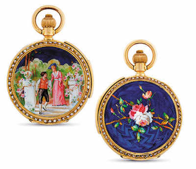 Invicta, 18K金及珐琅镶珍珠猎壳怀表，配三问功能，约1890年制，在香港佳士得2013年春拍中以18.75万港元（约合人民币15万元）成交。