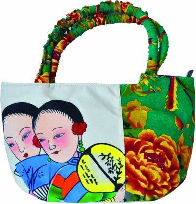 手绘年画白帆布休闲小提包
