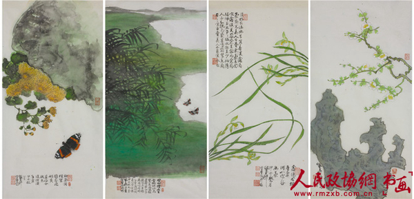 陈佩秋 四君子图 设色纸本镜心66×33cm×4_副本