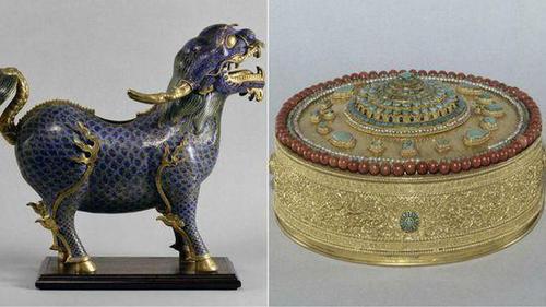 图片说明：此次失窃的圆明园旧藏景泰蓝麒麟和金曼扎