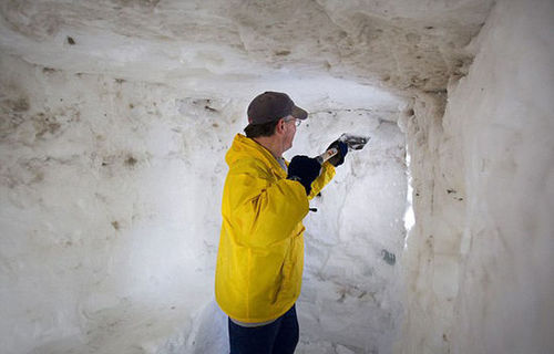 麦克卡夫先生对雪屋进行了一些修补。（网页截图）