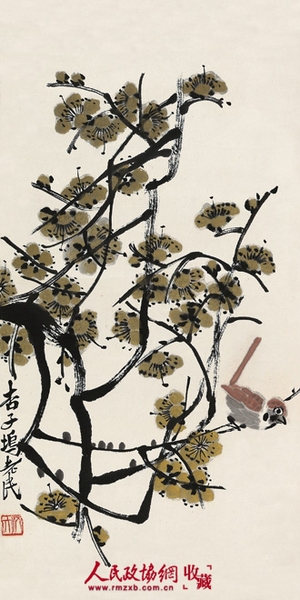 齐白石《绿梅小雀》_副本