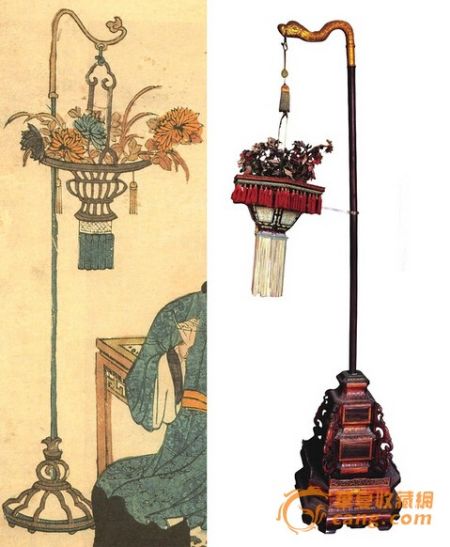 　　嘉庆间桃花坞版画花篮；养心殿东暖阁挑杆花篮。