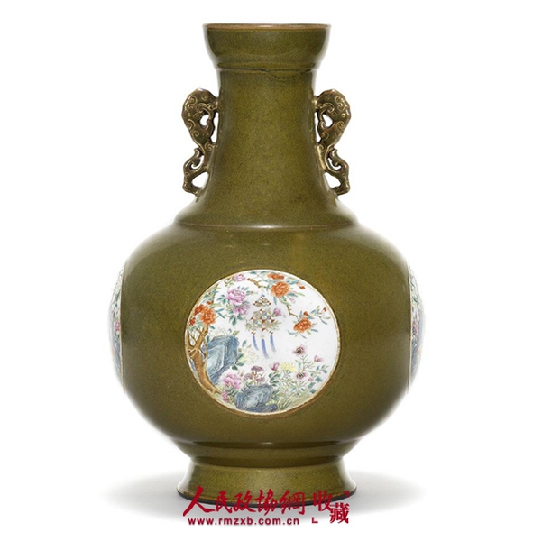 清乾隆 茶叶末釉粉彩开光“富贵绵长”双龙耳瓶_副本