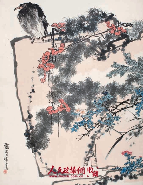 潘天寿 鹰石山花图  182.3x141.8cm._副本