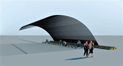 刘家琨作品《随风——由你选择2015》（效果图）充满寓意：原木象征着自然和初心，鱼竿是欲望的集合，垂下的线正是悬在头顶的达摩克利斯之剑。