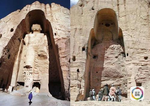 这张拼版照片上是被毁前后的阿富汗巴米扬大佛。左图是巴米扬大佛被毁前的资料照片（日期不详）。右图是2001年3月26日，一些塔利班武装人员站在被彻底摧毁的巴米扬大佛前