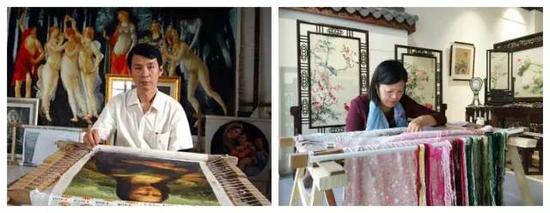 图为苏绣大师朱军成、黄林珍