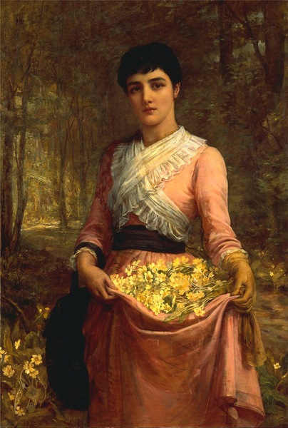埃德温·朗，《我们英格兰帝国的女儿：樱草花》（1887），布面油画。（来自英国艺术中心）