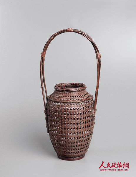 四代早川尚古斎造自然竹提梁花笼_副本