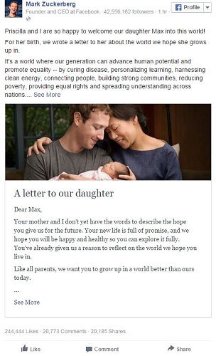 扎克伯格宣布妻子生下爱女承诺捐99%股份做慈善