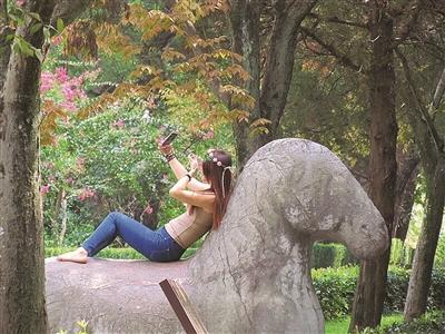 资料图：今年9月，媒体曝出有女子爬上石兽玩自拍，姿势不停变换。图片来源：扬子晚报