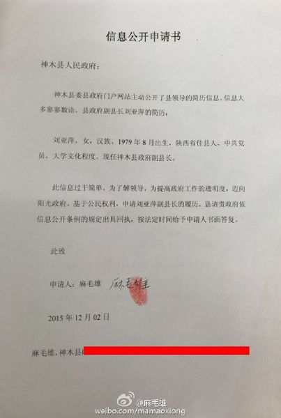 麻毛雄信息公开申请书