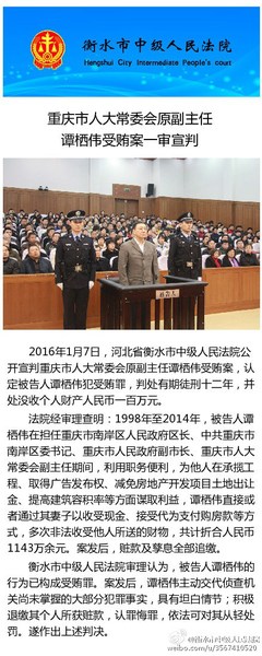 重庆市人大原副主任谭栖伟受贿1143万获刑12年