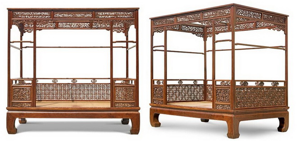 黄花梨簇云纹马蹄腿六柱式架子床