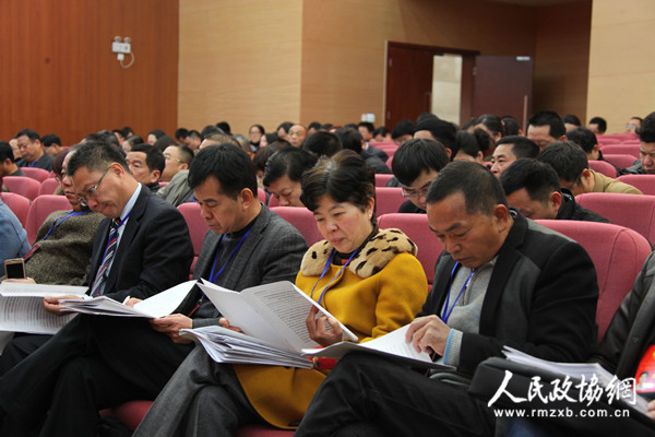 区政协委员在认真听取和审议常委会工作报告和提案工作报告。