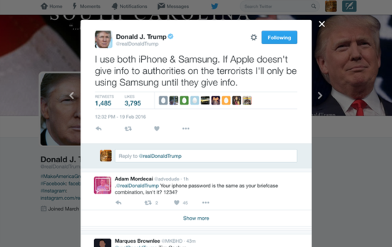 美总统候选人抵制苹果:不交密码将只用三星