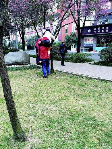 成都中年妇女锦江河边赏花攀上树枝留影（图）