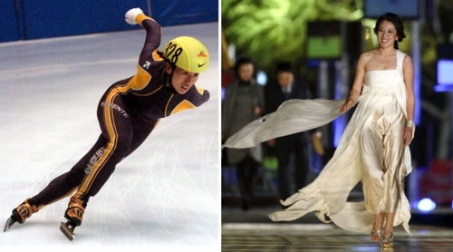 新华社照片，北京，2016年3月7日
    （体育·专题）（3）女汉子和女神：只是一件礼服的距离
    她们是女汉子，在赛场上纵横驰骋；她们也是女神，在舞台上妩媚摇曳。对于她们来说，女汉子和女神之间也许只是一件礼服的距离。2016年三·八妇女节来临之际，我们用一组图片展示赛场上那些女汉子变女神的各自风采。
    左图：2004年9月26日，冬奥会短道速滑冠军杨扬在2004短道速滑赛哈尔滨公开赛中。
    右图：2007年4月7日，杨扬出席“2006CCTV体坛风云人物年度评选”颁奖典礼。
    新华社发
    
