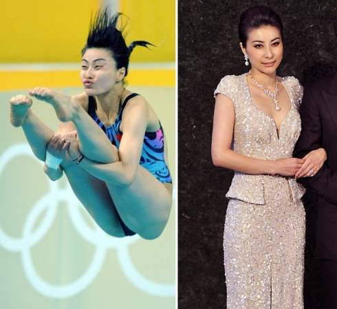 新华社照片，北京，2016年3月7日
    （体育·专题）（4）女汉子和女神：只是一件礼服的距离
    她们是女汉子，在赛场上纵横驰骋；她们也是女神，在舞台上妩媚摇曳。对于她们来说，女汉子和女神之间也许只是一件礼服的距离。2016年三·八妇女节来临之际，我们用一组图片展示赛场上那些女汉子变女神的各自风采。
    左图：2008年8月17日，中国选手郭晶晶在北京奥运会跳水比赛女子3米跳板决赛中。
    右图：2012年11月11日，郭晶晶与霍启刚在香港举办婚宴，这是她在婚宴前与媒体见面。
    新华社发
    