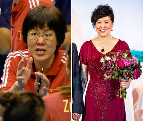 新华社照片，北京，2016年3月7日
    （体育·专题）（5）女汉子和女神：只是一件礼服的距离
    她们是女汉子，在赛场上纵横驰骋；她们也是女神，在舞台上妩媚摇曳。对于她们来说，女汉子和女神之间也许只是一件礼服的距离。2016年三·八妇女节来临之际，我们用一组图片展示赛场上那些女汉子变女神的各自风采。
    左图：2015年8月27日，中国女排主教练郎平在日本举行的第12届世界杯比赛中指导队员。
    右图：2016年1月16日，郎平在北京与王育成举行婚礼。
    新华社发
    