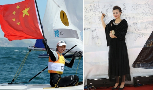 新华社照片，北京，2016年3月7日
    （体育·专题）（8）女汉子和女神：只是一件礼服的距离
    她们是女汉子，在赛场上纵横驰骋；她们也是女神，在舞台上妩媚摇曳。对于她们来说，女汉子和女神之间也许只是一件礼服的距离。2016年三·八妇女节来临之际，我们用一组图片展示赛场上那些女汉子变女神的各自风采。
    左图：2012年8月6日，中国选手徐莉佳在伦敦奥运会帆船女子单人艇－激光雷迪尔级比赛中。
    右图：2013年1月19日，徐莉佳出席“2012CCTV体坛风云人物年度评选”颁奖典礼。
    新华社发
    