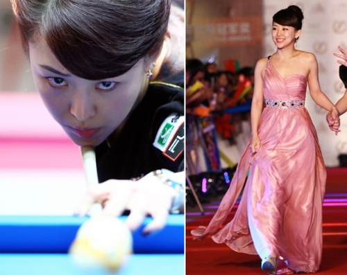 新华社照片，北京，2016年3月7日
    （体育·专题）（17）女汉子和女神：只是一件礼服的距离
    她们是女汉子，在赛场上纵横驰骋；她们也是女神，在舞台上妩媚摇曳。对于她们来说，女汉子和女神之间也许只是一件礼服的距离。2016年三·八妇女节来临之际，我们用一组图片展示赛场上那些女汉子变女神的各自风采。
    左图：2011年3月10日，中国选手潘晓婷在世界女子花式台球公开赛中。
    右图：2011年10月11日，潘晓婷出席2011年中国十佳劳伦斯冠军奖颁奖典礼。
    新华社发
    