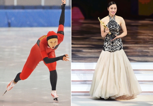 新华社照片，北京，2016年3月7日
    （体育·专题）（10）女汉子和女神：只是一件礼服的距离
    她们是女汉子，在赛场上纵横驰骋；她们也是女神，在舞台上妩媚摇曳。对于她们来说，女汉子和女神之间也许只是一件礼服的距离。2016年三·八妇女节来临之际，我们用一组图片展示赛场上那些女汉子变女神的各自风采。
    左图：2015年10月25日，解放军代表队选手张虹在全国速度滑冰冠军赛女子500米比赛中。
    右图：2015年2月1日，张虹出席“2014CCTV体坛风云人物年度评选”颁奖典礼。
    新华社发
    