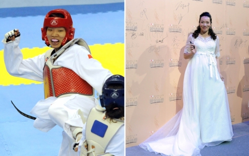 新华社照片，北京，2016年3月7日
    （体育·专题）（12）女汉子和女神：只是一件礼服的距离
    她们是女汉子，在赛场上纵横驰骋；她们也是女神，在舞台上妩媚摇曳。对于她们来说，女汉子和女神之间也许只是一件礼服的距离。2016年三·八妇女节来临之际，我们用一组图片展示赛场上那些女汉子变女神的各自风采。
    左图：2008年4月27日，中国选手陈中在亚洲跆拳道锦标赛女子72公斤以上级决赛中。
    右图：2014年1月11日，陈中出席“2013CCTV体坛风云人物年度评选”颁奖典礼。
    新华社发
    