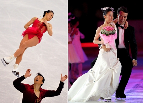 新华社照片，北京，2016年3月7日
    （体育·专题）（18）女汉子和女神：只是一件礼服的距离
    她们是女汉子，在赛场上纵横驰骋；她们也是女神，在舞台上妩媚摇曳。对于她们来说，女汉子和女神之间也许只是一件礼服的距离。2016年三·八妇女节来临之际，我们用一组图片展示赛场上那些女汉子变女神的各自风采。
    左图：2010年2月15日，中国选手申雪（上）/赵宏博在温哥华冬奥会花样滑冰双人滑比赛中。
   右图：2010年9月4日，申雪（左）/赵宏博在首都体育馆举行冰上婚典。
    新华社发
    