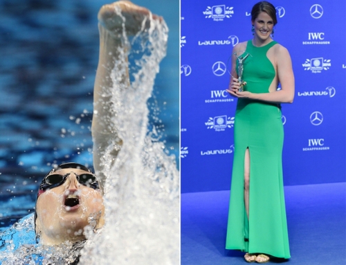 新华社照片，北京，2016年3月7日
    （体育·专题）（24）女汉子和女神：只是一件礼服的距离
    她们是女汉子，在赛场上纵横驰骋；她们也是女神，在舞台上妩媚摇曳。对于她们来说，女汉子和女神之间也许只是一件礼服的距离。2016年三·八妇女节来临之际，我们用一组图片展示赛场上那些女汉子变女神的各自风采。
    左图：2011年7月30日，美国选手富兰克林在第14届国际泳联世界锦标赛女子200米仰泳决赛中。
   右图：2014年3月26日，富兰克林在2014劳伦斯世界体育奖颁奖典礼中获得年度最佳女运动员奖。
    新华社发
    