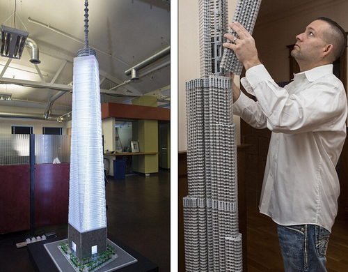 左图是塔克搭建的世贸中心一号大楼，右图是迪拜的哈利法塔。（网页截图）