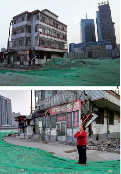 p51-65 岁的韩老太太是别人眼中的“钉子户”，至今仍居住在断水、断电的老宅中。她的房产占地面积 3 分多，建有楼房 4 层，按照补偿标准可以拿到 400 余万元补偿，但她还是担心以后的日子没着落，称要继续坚持下去。在她房子的右后侧，是亲贤社区旗下千禧集团的豪华办公楼。