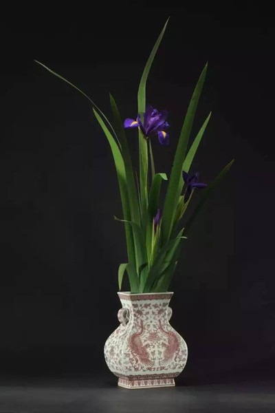 清乾隆 釉里红双凤穿花纹象耳方瓶