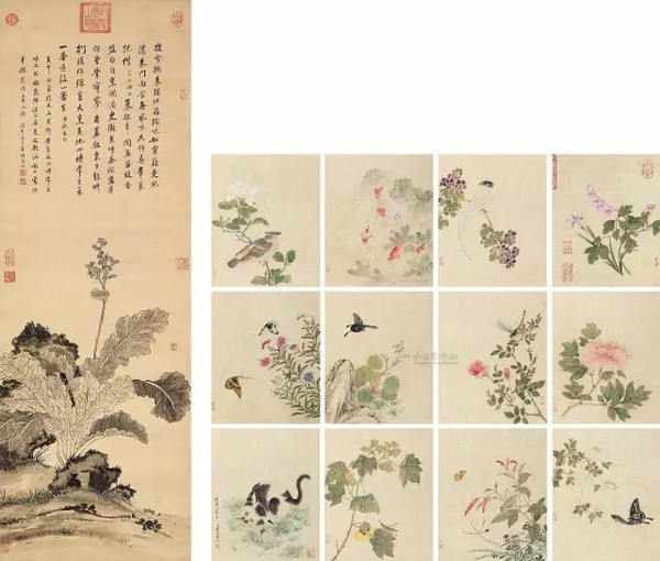 （左）香港佳士得 2014 菜根香 纸本立轴 （右）中国嘉德2012年春拍 仿宋人设色图册 册页 （十二开）