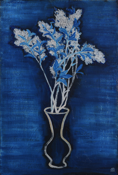 常玉 蓝色背景的盆花