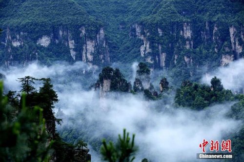 飘渺无形的云海穿梭在连绵峰林间，奇美无比。