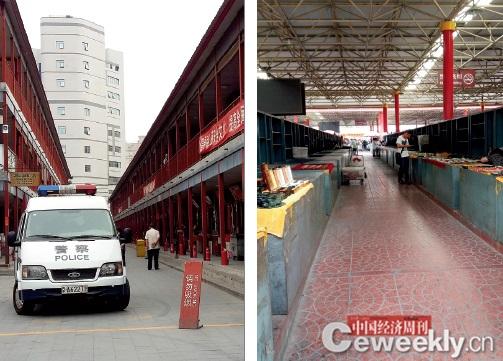 5月30日、31 日，上千商户因不满市场管理方——北京潘家园旧货市场有限公司要求摊主限期签订租赁合同的做法，选择集体停止营业，要求就摊位的产权和潘家园市场平等对话协商。6月3日，仍有部分摊位空置，摊主未出摊。市场内出现了警车。（《中国经济周刊》记者 姚冬琴|摄）