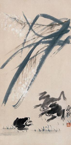 齐白石《青蛙白芦》（木版水?。? longdesc=