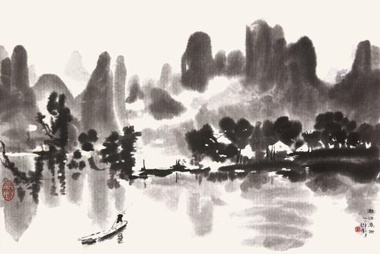 现代?徐悲鸿《漓江春雨》 （木版水?。?画心 80cm×113cm