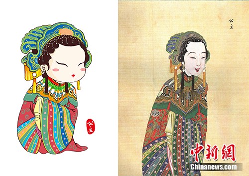 　　以国图馆藏《庆赏升平》为基础设计的公主形象（左），右图为《庆赏升平》中的公主形象。国家图书馆供图