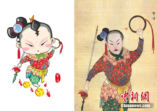 　　以国图馆藏《庆赏升平》为基础设计的哪吒形象（左），右图为《庆赏升平》中的哪吒形象。国家图书馆供图