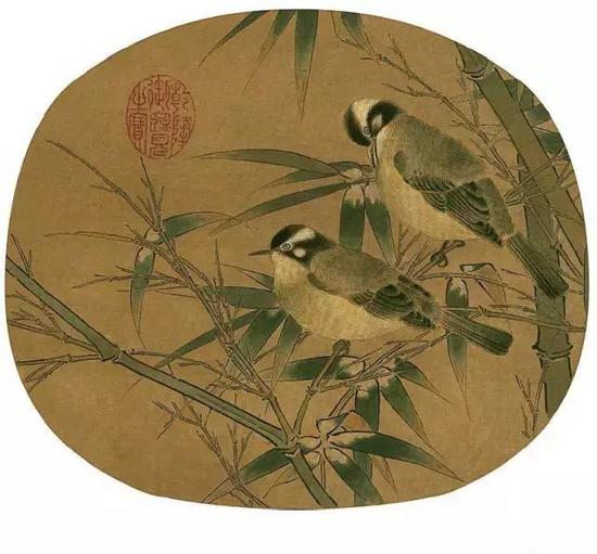 《白头丛竹图页》 宋 纨扇页，绢本设色， 纵25.4cm，横28.9cm