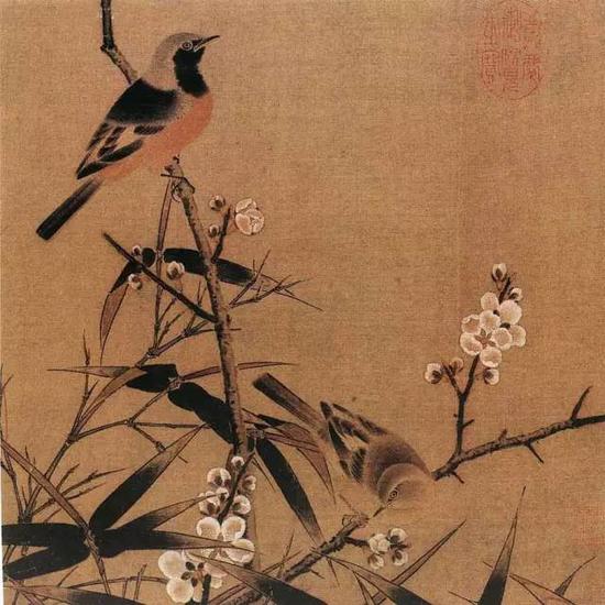《梅竹双雀图页》 宋，绢本设色，26c×26.5cm