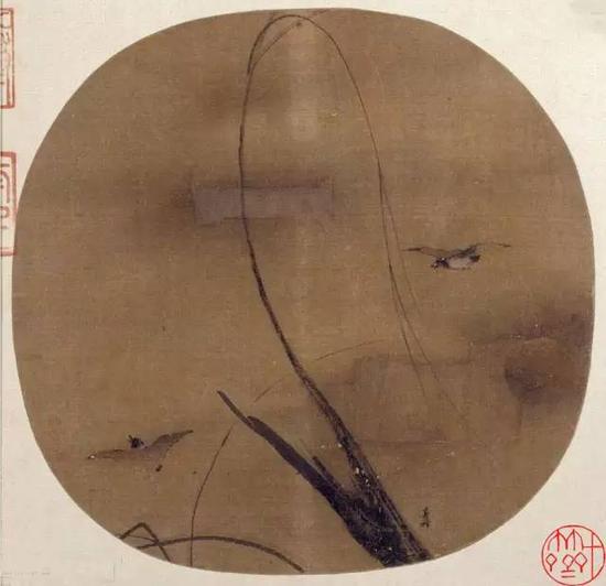 《秋柳双鸦图页》 宋，梁楷，纨扇页，绢本设色，

纵24.7cm，横25.7cm