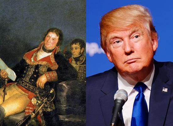 左：戈雅，《曼努埃尔·戈多伊肖像》（Portrait of Manuel Godoy），1801。图片：Courtesy of Wikicommons 右：唐纳德·特朗普，2016。图片：Courtesy of Wikicommons