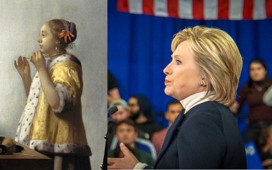 左：维米尔，《戴珍珠项链的女子》（Woman With A Pearl Necklace），1662-1665。图片：Courtesy of Wikicommons 右：希拉里·克林顿，2016。图片： Courtesy of Wikicommons