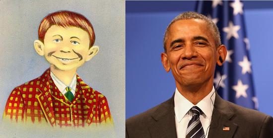 左：阿尔弗雷德·E·纽曼。图片：Courtesy Wikicommons 右：巴拉克·奥巴马总统，2016。图片：Courtesy Adam Berry/Getty Images