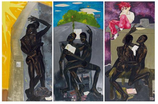 　　黄宇兴 视觉与成长：《在阳光下看王老师的写生》《在夏夜看王老师的文章》《在春天看王老师推介的素描》油画 综合材料 122×244cm×3 2000年 中国嘉德2016春拍：  成交价：103.5万元 刷新艺术家成交纪录